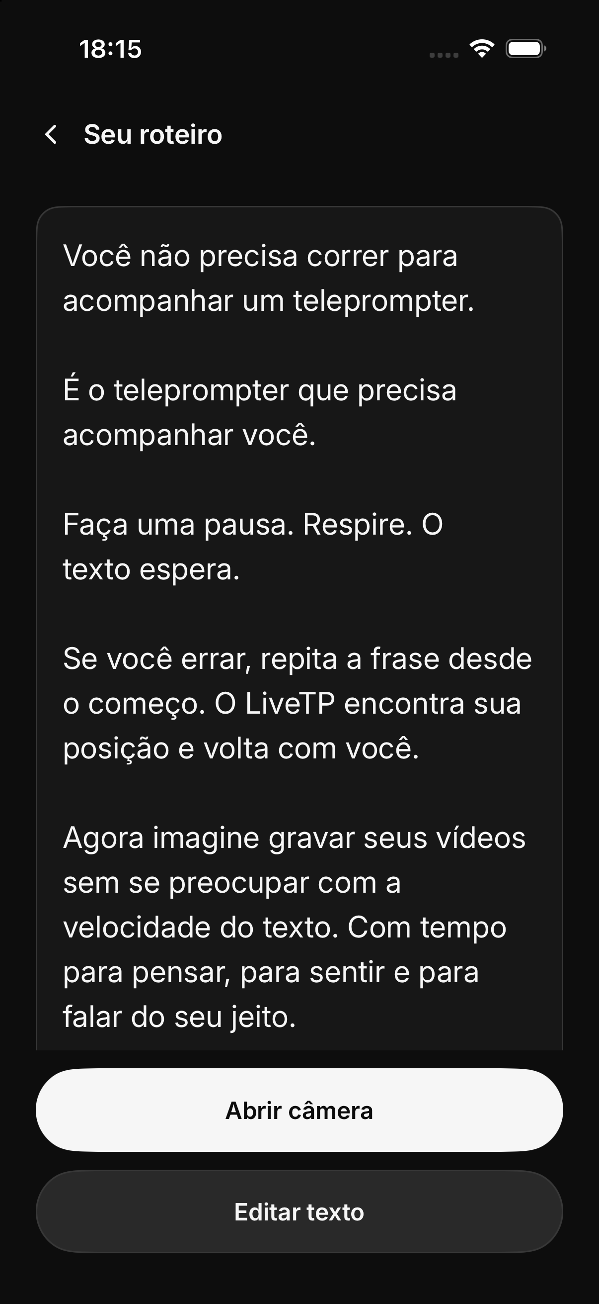 Tela Seu roteiro do LiveTP no iPhone, com o texto de exemplo e os botões Abrir câmera e Editar texto.