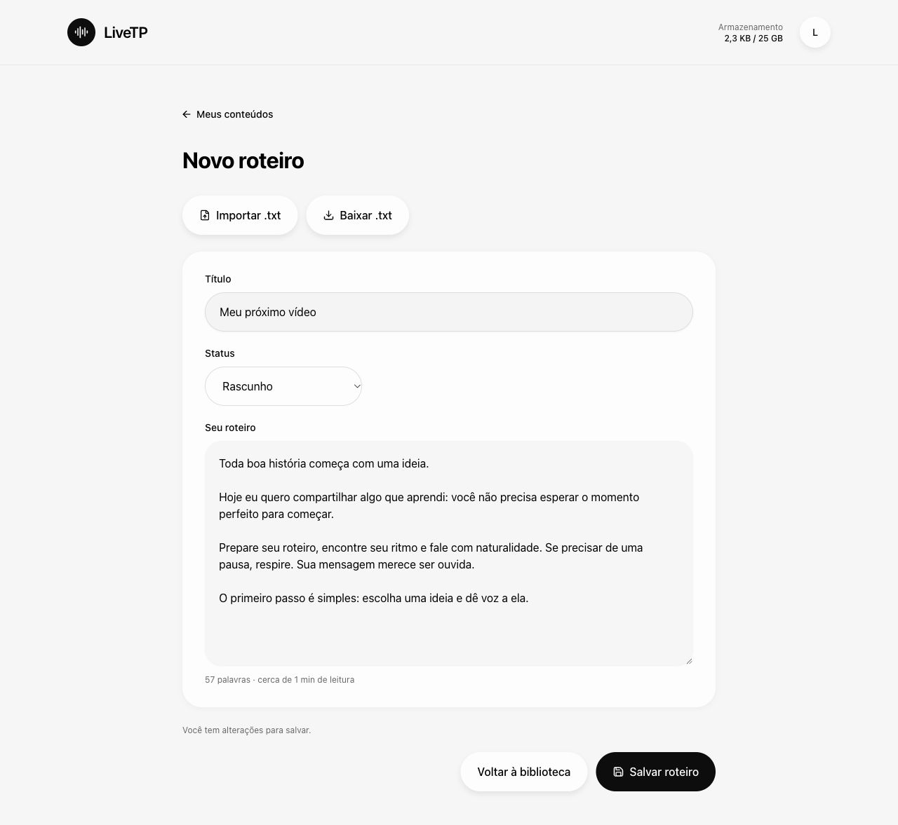 Editor web do LiveTP com os campos de título, status e roteiro, contagem de palavras e botão Salvar roteiro.